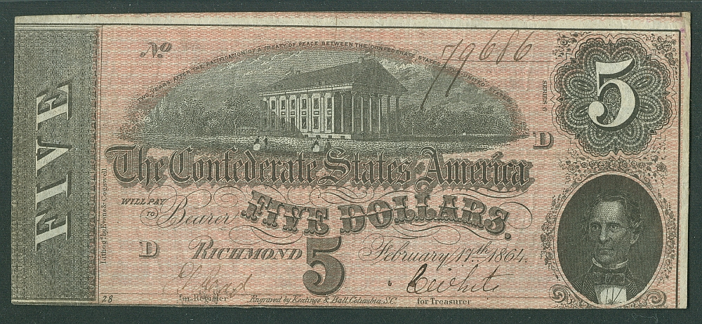 CSA, 1864 $5 Confederate Note